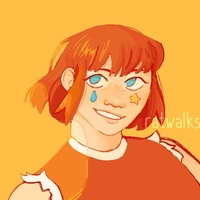 a digital bust of utauloid merry kohaku on a bright yellow background, as she smiles and looks up past the viewer.