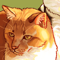 A digital painting of two cats sitting together on a green background.  One is ginger and white and crouches with his paws tucked beneath him.  The other is white and black and sits up as she looks up and to the side.