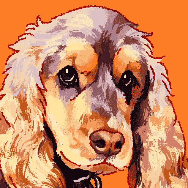 A digital painting of a blue roan and tan cocker spaniel on an orange background, looking up to the left with a sparkle in her eye.