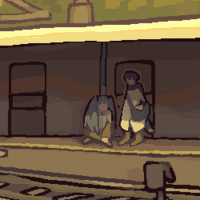 A digital painting of a train station late in the day, from a covered platform.  The wide angle shows down the empty tracks and across to the other platform, where vocaloids Miku Hatsune and Kaito wait for a train.