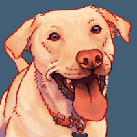 A digital painting of a yellow labrador dog.  He's sitting facing the viewer, with a wide smile and his tongue sticking out.