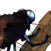 A digital painting of a scarce chaser, a dark brown, black and bright blue dragonfly on a stick.