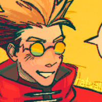 A digital bust of Vash the Stampede from Trigun Maximum on a bright yellow background.  He grins, with a speech bubble containing an exclamation point, and eyes hidden behind his glasses.