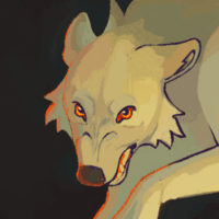 A digital painting of a pale, cream coloured wolf in motion, looking at the viewer as it snarls and turns to face us.