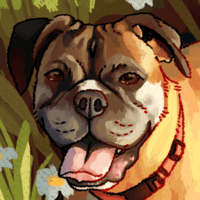 A digital painting of a fawn boxer dog.  She's standing in tall grass, surrounded by daisies as she looks up at the viewer.