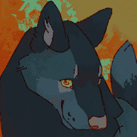 A digital bust of a dark blue wolf on a colourful orange and yellow background. She looks towards the viewer with a smile, tail and ears raised curiously.  It's labelled 'for ShiroDrawsWolves (artfight)'.