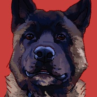 A digital portrait of an American Akita on a red background.  He's sitting facing the viewer, ears pricked and with his mouth slightly open, like he's smiling.