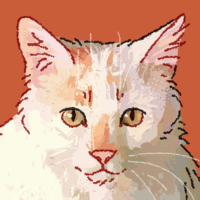 A digital painting of a white cat with ginger markings on its face and tail, sitting facing the viewer.