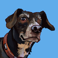 A digital painting of a brown mix-breed dog on a blue background.  She has a white neck and chest, a greying muzzle and eyebrows, and one eye.  She stands looking at the viewer, and appears to be smiling.