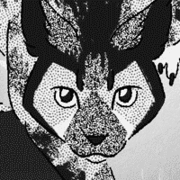 A digital illustration, coloured with black and grey screentones,  of a cat with markings, ears and feet like a great horned owl, perched on a tree at night.  The cat hangs over a branch, feet braced against the trunk while it looks right at the viewer.  It's watermarked 'for Catbedbug (artfight).'