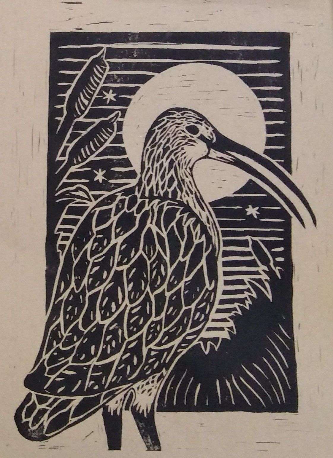 a black and white linocut print of a curlew.  it stands in front of a dark sky that gets lighter at the horizon.  the moon is behind its head, like a halo, and it's surrounded by bulrushes and tall grass.  the background is contained within a frame that the curlew stands outside.