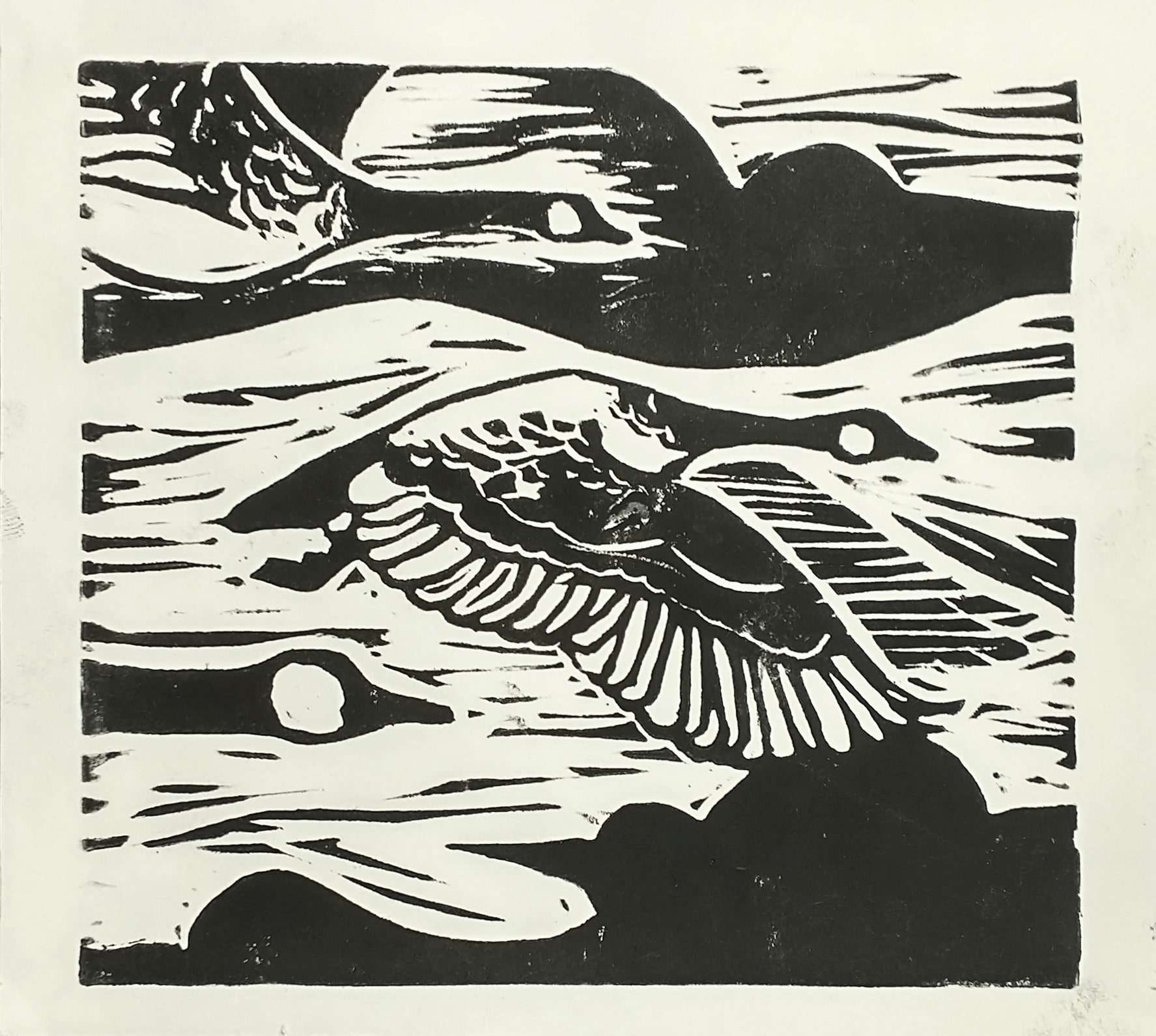 a linocut print in black and white.  three canada geese fly through dark clouds.