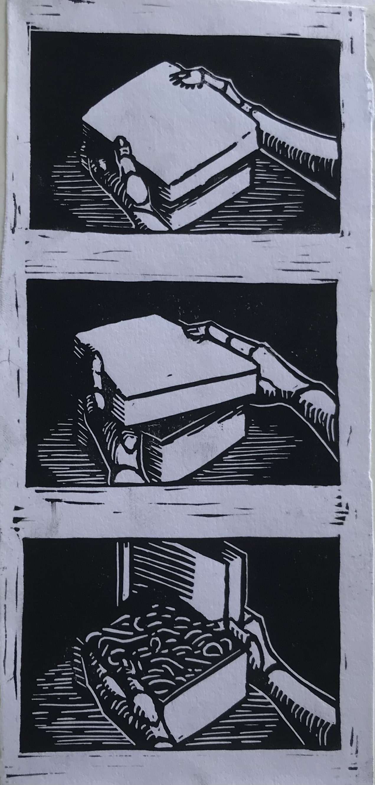 a three panel linocut print in black and white.  first panel: two hands hold a small box. second panel: the hands begin to lift the box's lid, holding it slightly open.  third panel: the hands hold the box and lid, now open.  the box is full of worms.