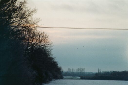 A fuzzy photo over a snow-covered field.  Dark woods cover the left side of the photo, and a telephone wire cuts through the wide, pale sky.  Two birds are vaguely visible flying iin the distance.